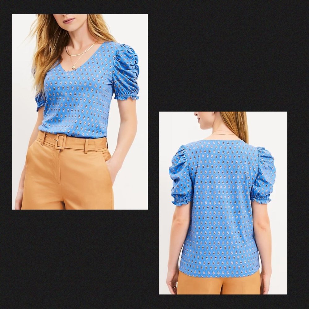 LOFT Women  Paisley Ruffle Cinched Sleeve V-Neck Top L